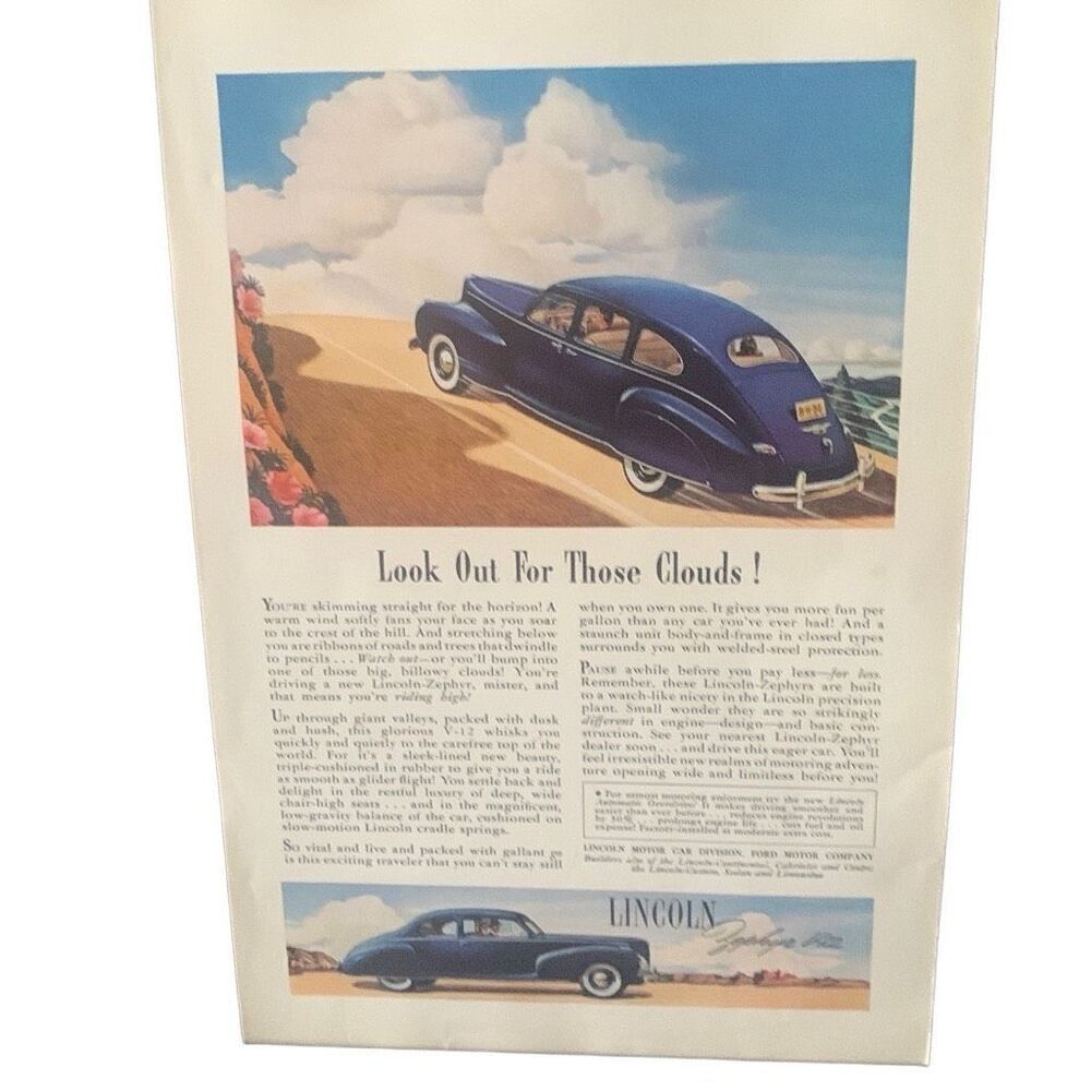 Vintage 1941 Lincoln Zephyr V-12 Look Out For The Clouds Ad Advertisement
